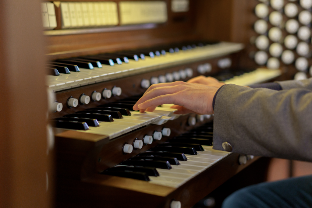 Close up of a pipe organ.