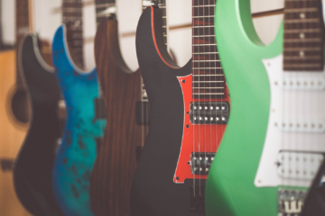 A row of guitars of different shapes, colors and sizes