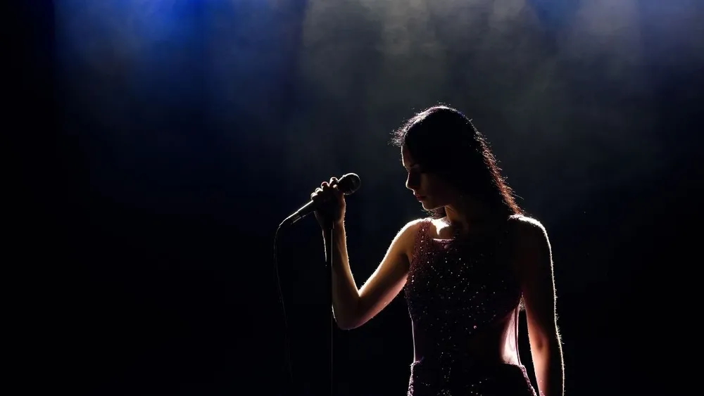 A singer on stage in the dark