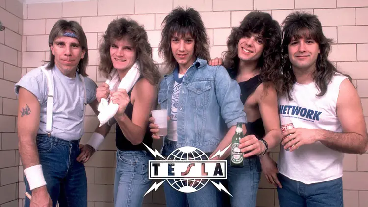 THe Band Members of Tesla: vocalist Jeff Keith, guitarists Frank Hannon and Tommy Skeoch, bassist Brian Wheat, and drummer Robert Contreras,